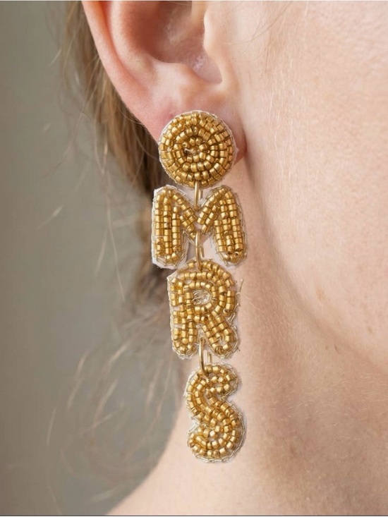 Jewelry - Hand-Beaded Gold 'MRS' Drop Earrings